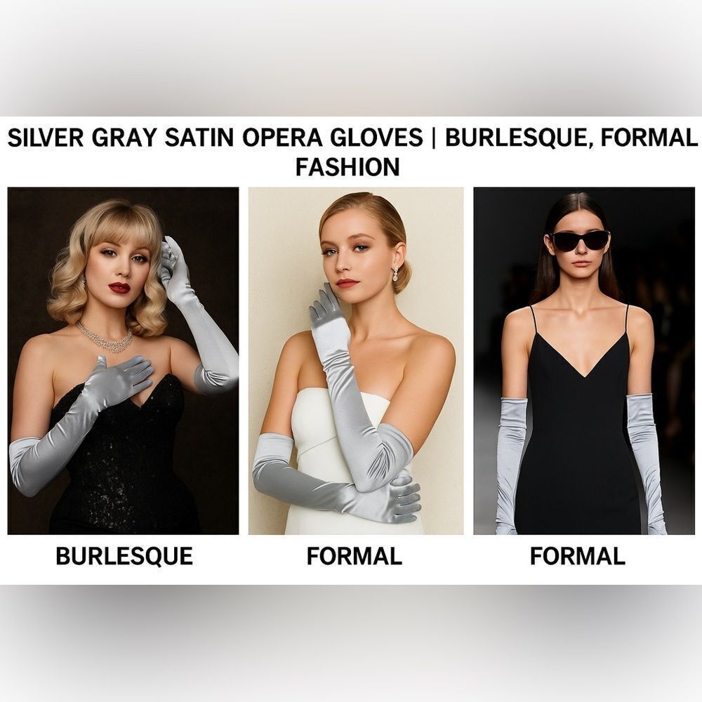 Glam Satin Opera Gloves | Grey |Size 13–16 Burlesque, Formal, Vintage Shoot 💋